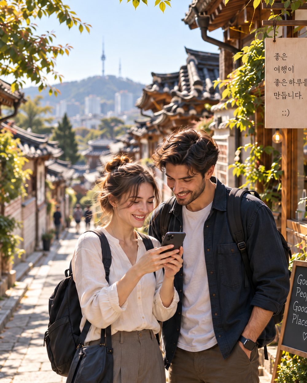 Two travelers with backpacks looking at one phone together in a sunlit hanok alley