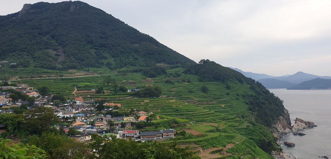 Terraced rice fields of Gacheon Daraengi Village falling to the sea, Namhae